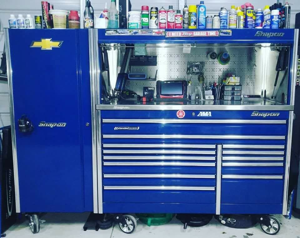 Rob's blue Snap-on toolbox and hutch with a diagnostic scanner, neatly organized in the shop
