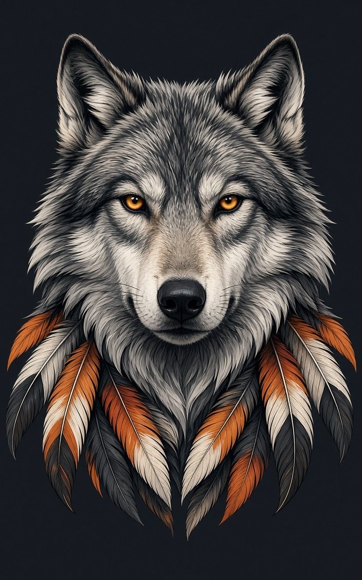 Lone Wolf Auto Repair logo: a grey wolf with amber eyes and orange and white feathers